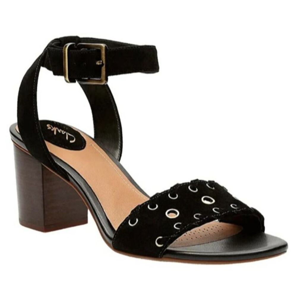 Clarks Artisan Black Suede Ralene Sheen Ankle Strap Grommet Sandals  US 12  NWOB